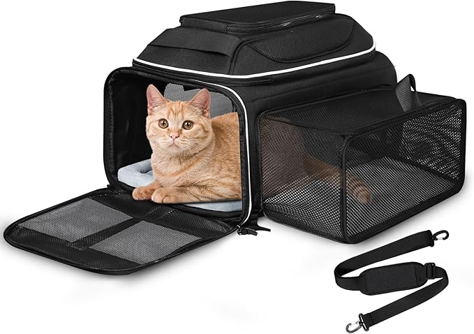 Petskd Top and Side Expandable Pet Carrier 17x12x8.5 Inches JetBlue Frontier Spirit Airline Approved, Soft-Sided Carrier for Small Cats and Dogs with Locking Safety Zipper and Anti-Scratch Mesh(Black)