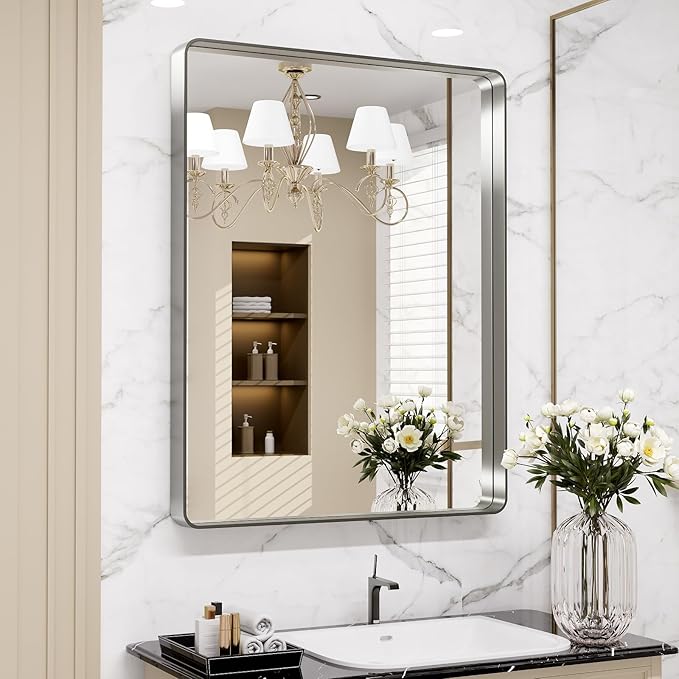 LOAAO 22X30 Inch Brushed Nickel Bathroom Mirror, Rounded Rectangle Silver Metal