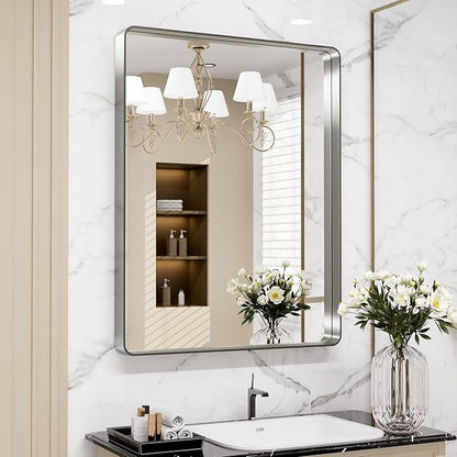 LOAAO 22X30 Inch Brushed Nickel Bathroom Mirror, Rounded Rectangle Silver Metal