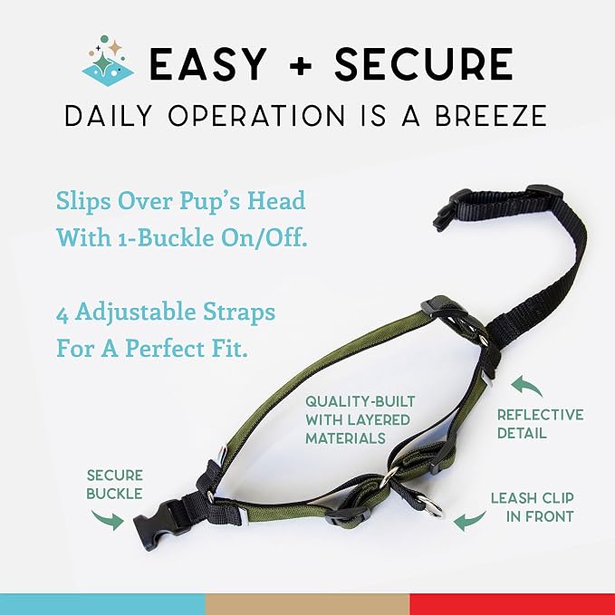 No Pull Dog Harness | Comfortable Training Harnesses | Effective No Pull Harness Design | Ideal for Large Sized Dog | 4-Point Adjustable(L - 26~32 inch Girth, Olive)