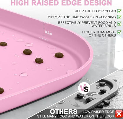SMILOOL Waterproof Silicone Pet Food Mat with Raised Edge for Dog & Cat | 19" x 12" Non-Slip Pet Feeding Mats with Lip for Food & Water Bowl, Food Grade, Easy Cleaning, Pink