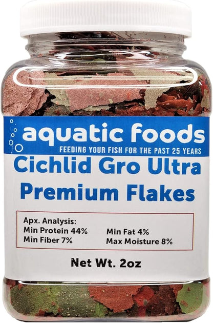 Aquatic Foods Inc. Cichlid Growth Flakes, Ultra 8-Type Premium Flake Mix for Discus, Cichlids, All Tropicals. Aquatic Foods Premiun Flakes - 2oz Small Jar