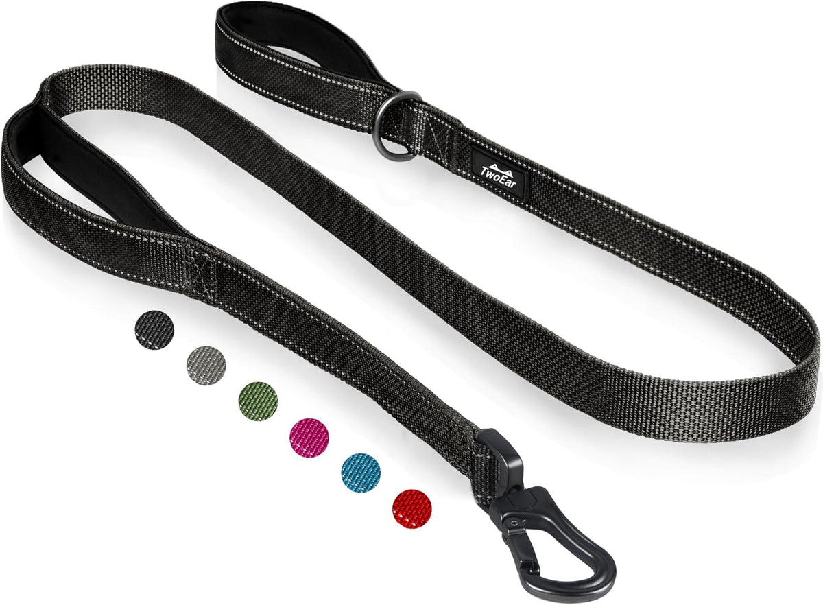 TwoEar 4FT 1IN Strong Black Dog Leash with 2 Padded Handles, Traffic Handle Extra Control, Comfortable Soft Dual Handle, Auto Lock Hook, Reflective Walking Lead for Small Medium and Large Dogs