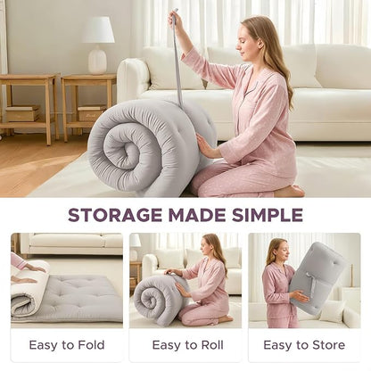 Japanese Floor Futon Mattress, 100% Cotton 2.5" Thicken Foldable Mattress Tatami Mat Sleeping Pad, High Density Foam, Ideal for Comfort and Support, Kids Floor Lounger Pillow Bed Sofa, Grey, Twin