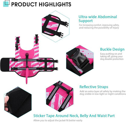 Dog Life Jacket High Flotation, Reflective Dog Life Vest for Swimming, Adjustable Dogs Life Preserver Rescue Handle Spring Summer Pool for Small, Medium, Large Dogs (Pinkwhite,S)