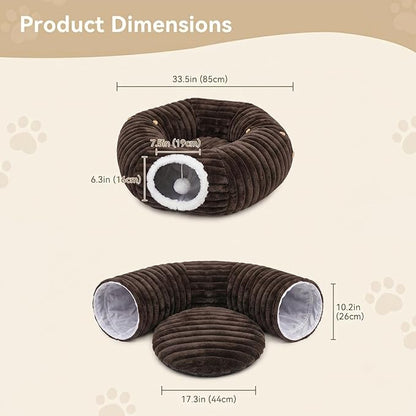 Dogpals Cat Tunnel Bed Cave 33" Lx10 Wx10 H for Indoor Cats (Coffee) | Washable Cozy Cushion, Soft Striped Plush Fabric, Hideaway Peekaboo Cave for Kittens, Puppies, Rabbits & Small Pets