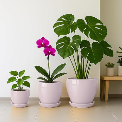 Deep Dream 8 Inch Plant Pots- Ceramic Pots for Plants with Drainage Hole and Saucer, Large Planter Pot for Indoor Plants Outdoor Decor, Pink