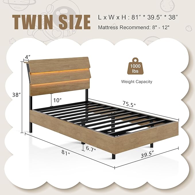 Twin Bed Frames with LED Light and Charging Station, Floating Wooden Bed Frame, Heavy Duty Metal Slats, No Box Spring Needed, Noise Free, Easy Assembly, Oak