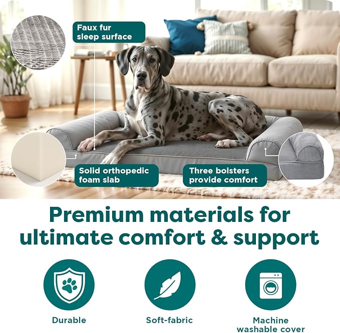 FurHaven Orthopedic Dog Bed For Large Dogs, Sofa Contour Mattress with Solid Orthopedic Foam Slab for Joint Support, Removable Washable Cover, Jumbo Plus XXL, Faux Fur, Charcoal