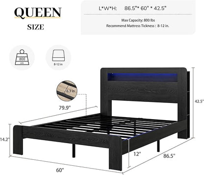 Queen Size Wooden Bed Frame with Bookcace Storage Headboard, Rustic Farmhouse Bedframe with LED Lights and Charging Station, Sturdy and Stable, Slat Support, No Box Spring Required (Black, Queen)