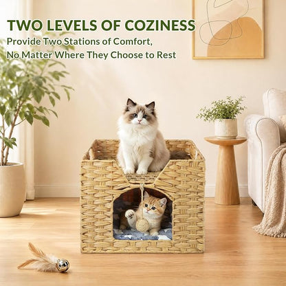 Handwoven Rattan Cat Bed Indoor Kitten, Cat Bed Cave with Cushion, Sisal Ball & S-Shaped Hooks, Foldable Hideaway Cat House for Bedroom Living Room, Natural