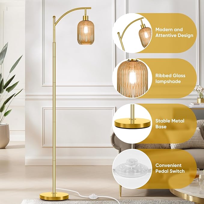 Glass Floor Lamp for Living Room, Modern Gold Standing Lamp with Ribbed Glass Lampshade Pedal Switch, 67” Tall Lamp for Bedroom Study Room