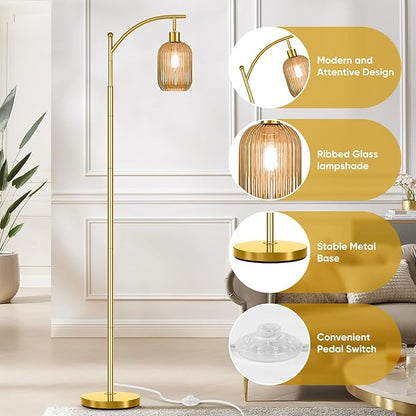 Glass Floor Lamp for Living Room, Modern Gold Standing Lamp with Ribbed Glass Lampshade Pedal Switch, 67” Tall Lamp for Bedroom Study Room