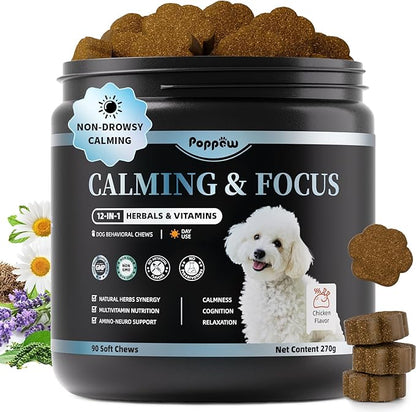 Calming Chews for Dogs – Calming Treats for Anxiety, Stress, Separation, Travel & Thunder, Non-Drowsy Alternative to Melatonin, Calm & Focus with Chamomile & Ashwagandha, Chicken Flavor, 90Ct