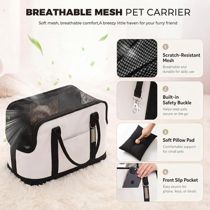 JourCraf Dog Carrier for Small Dogs, Soft Sided Cat Carrier with Hard Bottom, Breathable Mesh Top, Safety Leash, Padded Shoulder Strap, Fits Pets up to 13 lbs, for Travel, White