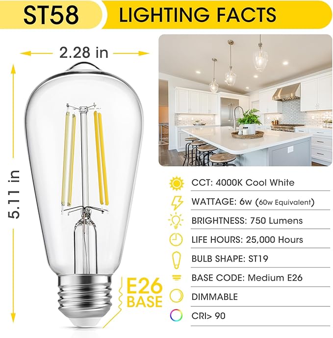 LED Edison Light Bulbs, 12Pcs Vintage 6 Watt, Equivalent 60W Incandescent Light Bulbs, E26 Medium Base Dimmable Decorative Antique Filament Light Bulbs with 90+ CRI, Cool White 4000K