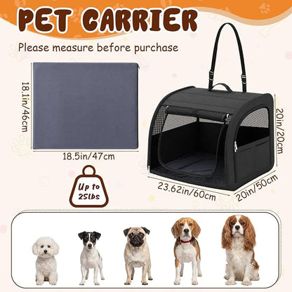 Dog Car Crate, Enclosed Foldable Cat Car Seat Carrier, 23.62x20x20in, Black | Portable Dog Cat Carrier with Seatbelt Attachment & Headrest Strap, Soft-sided Pet Kennel with Bed for Pet Travel up to 25 lb