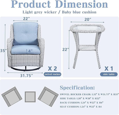 Belord Outdoor Swivel Rocker Patio Chairs Set of 3, High Back Swivel Patio Chairs Wicker Furniture Set, 2 PCS Rattan Swivel Rocking Chair with Side Table, Light Grey Wicker