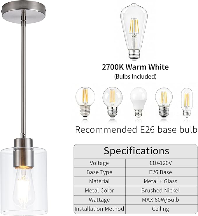 MAYNA 1-Pack Brushed Nickel Ceiling Light Fixture, Simple Silver Mini Pendant with Bulb, Adjustable Rods Contemporary Hanging Lamp for Foyer, Corridor, Sink
