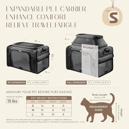 Top-Expandable Pet Carrier with Treat Pet Window,17x11x9.5 Airline Approved | for Alaska Hawaiian,Soft-Sided Dog Carrier, Anti-Scratch Mesh, Lockable Zippers,Cat Carrier for Kitten,Rabbit,Puppy, Black
