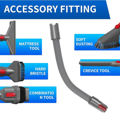 Vacuum Attachment Kit Compatible with Dyson V7 V8 V10 V11 V15 Cleaner | Flexible Extension Hose Mattress Tool Stiff Brush Soft Bristle and Flexible Crevice Tool for Home Cleaning