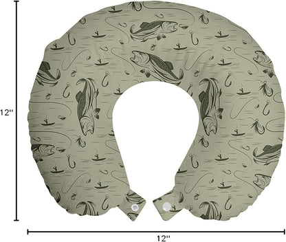 Ambesonne Fishing Travel Pillow Neck Rest, Hobby Concept Pattern with Fisherman on Boat Catching Trouts with Rot and Hook, Memory Foam Traveling Accessory for Airplane and Car, 12", Dusk Green