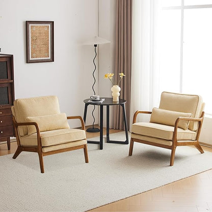 Karl home Mid-Century Modern Accent Chair, Living Room Chairs with Pillow Corduroy Upholstered Lounge Armchair with Solid Wood Frame & Soft Cushion for Bedroom, Reading Room, Beige & Yellow
