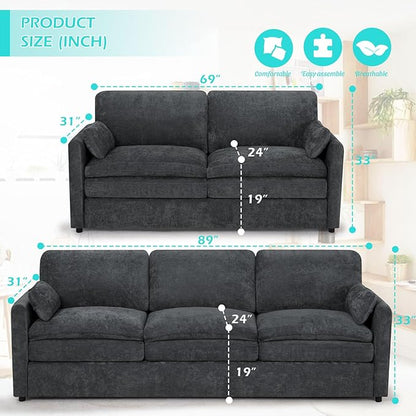 2 Pieces Chenille Sofa Set w/Throw Pillows, Upholstered Loveseat & 3 Seater Sofa w/Comfortable Back Cushions, Modern 2-Seat & 3-Seat w/High-Density Foam for Living Room, Apartment, Grey