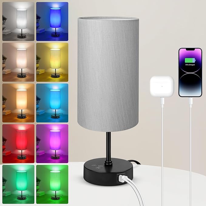 Unicozin Small Table Lamp, 7 RGB & 3 CCT 3000K/4500K/6500K, Stepless Dimmable Bedside Lamp with Grey Shade, Touch Control Ambience Nightstand Light for Living Room Dorm Home Decor Party