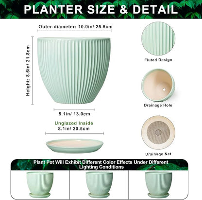 10 Inch Planter Indoor, Ceramic Pots for Plants Indoor, Decorative Plant Pots with Drainage Hole and Saucer, Large Modern Planter, Round Flower Pot, Floor Decor, Women Men Gifts, Mint Green
