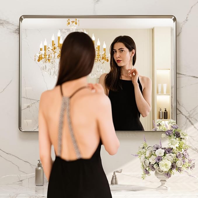LOAAO 40X32 Inch Brushed Nickel Bathroom Mirror, Rounded Rectangle Silver Metal
