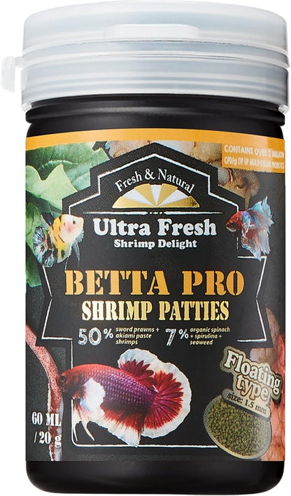 Ultra Fresh Betta Fish Food, Betta Pro Shrimp Patties, 50% Sword Prawns + Akiami Paste Shrimps, All Natural Protein, Rich in Vitamins, Healthy Development and Cleaner Water 0.7 oz
