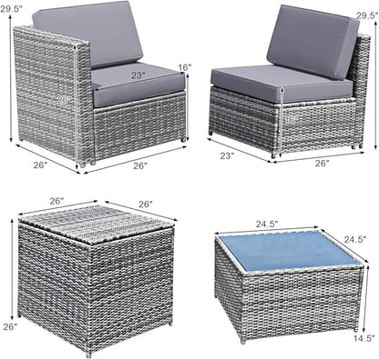 HAPPYGRILL 8 Pieces Patio Conversation Set Outdoor Rattan Furniture Set Sectional Wicker Sofa Set with Cushions and Storage Table for Backyard Garden Poolside