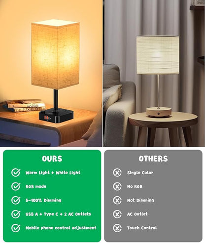 RGB Color Changing Lamp - Multi Color Desk Table Lamp with 2 AC Outlets, Stepless Dimming, Built-in USB-C + USB Charging Ports, Modern LED Bedside Lamp for Bedroom,Living Room, Dorm, or Home Office