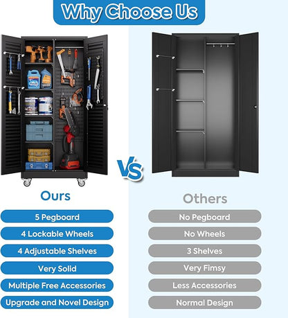 SUXXAN Broom Closet with Wheels 71"x 31.5"x15.75", Metal Cleaning Cabinets with