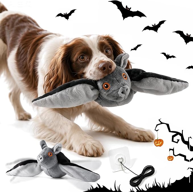 Flying Bat Dog Toy, Flapping Bat Dog Toy with Chirping Sounds, Interactive Rechargeable Flap Bat Toy for Dogs Cats, Hanging & Wand Play, 2PCS