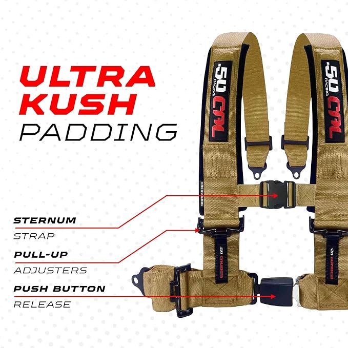 1pc 50 Cal Gold 4 Point Harness 3in Straps, Racing Harness Seat Belt | Ultra Kush padding, Push Button quick release hardware. Universal Fit for UTV, RZR, race car.