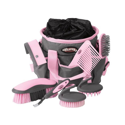 Weaver Equine Horse Grooming Kit, 7-Piece Horse Brush Set with Organizer Tote Bag, Hoof Pick, Comb, Sweat Scraper, Equine Tools for Daily Grooming, Gray/Pink
