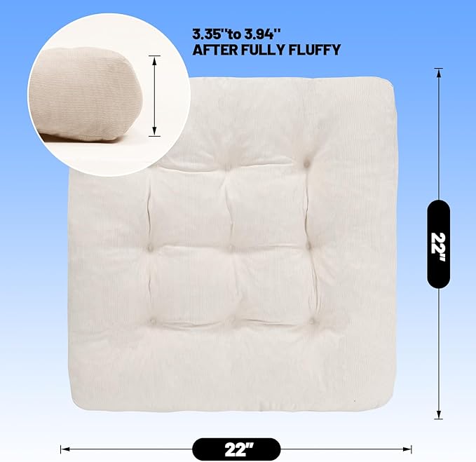Meditation Floor Pillow Set of 2, Square Large Pillows Seating for Adults, Tufted Corduroy Cushion for Tatami Living Room, 22x22 Inch FP-Beige