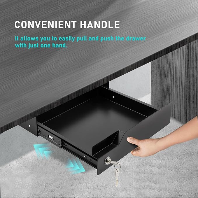 Under Desk Drawer Storage with Lock, Metal Undermount Table Drawer, Ball