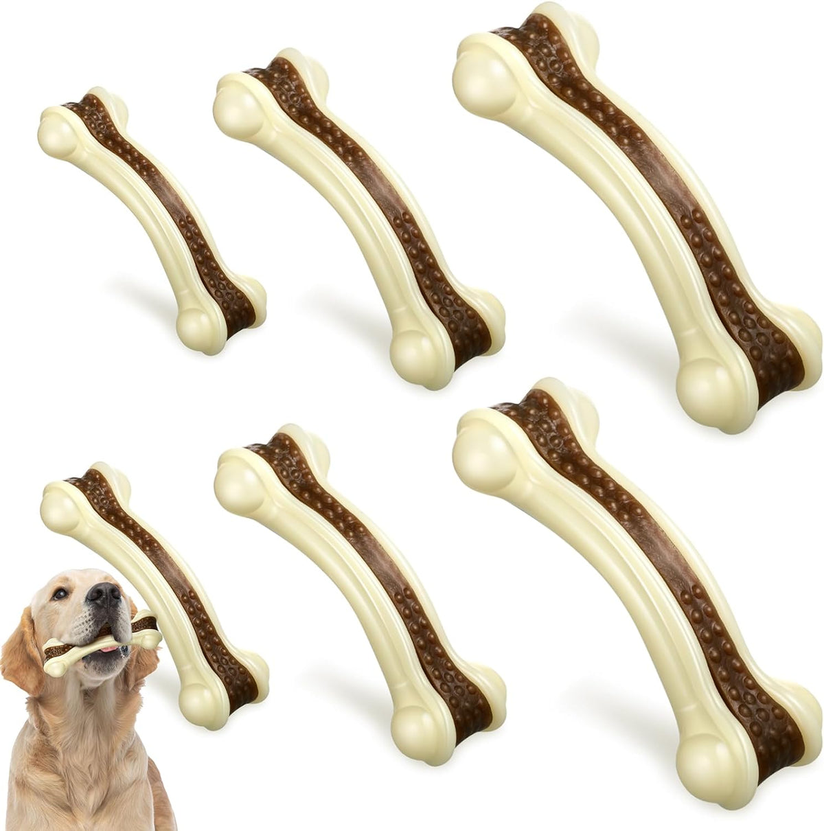 Sosation 6 Pcs Dog Toys for Aggressive Chewers Nylon Beef Flavor Bones Tough Puppy Teething Toys Puppy Chew Bones for Large Medium Small Breed Dogs Puppies Pets Chew Toys(Small Medium Large)