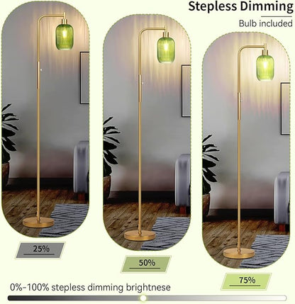Glass Floor Lamp for Living Room, Dimmer Standing Lamp with Green Ribbed Lampshade,66” Tall Lamp & Gold Floor Lamp for Bedroom Study Room,Brushed Gold (Green)