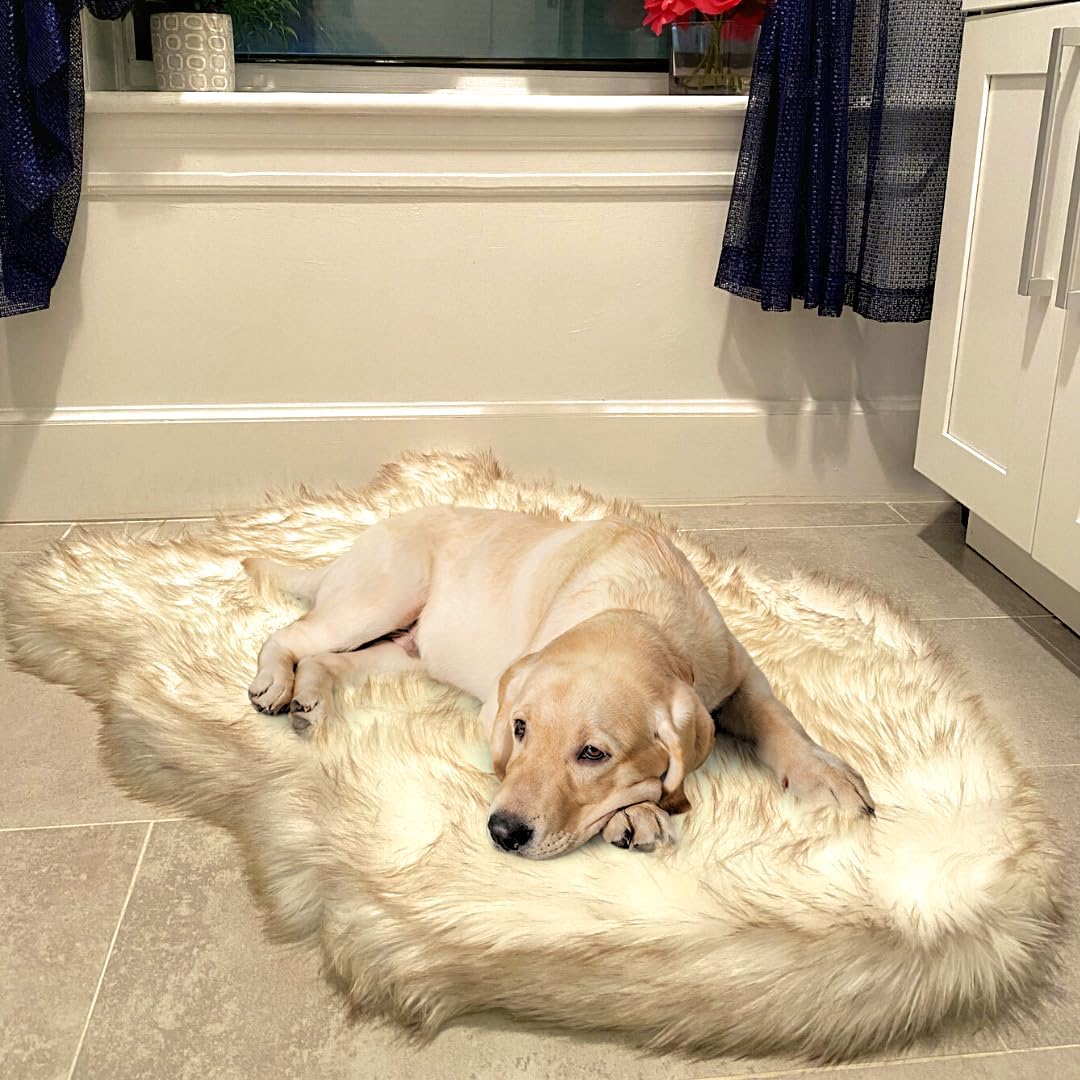 IHAPPYDOG Luxury Faux Fur Orthopedic Dog Bed, Memory Foam Dog Bed for Small, Medium, Large and XL Pets, Fluffy Pet Rug with Waterproof and Washable Cover (White w/Brown Tips, 40"x25")