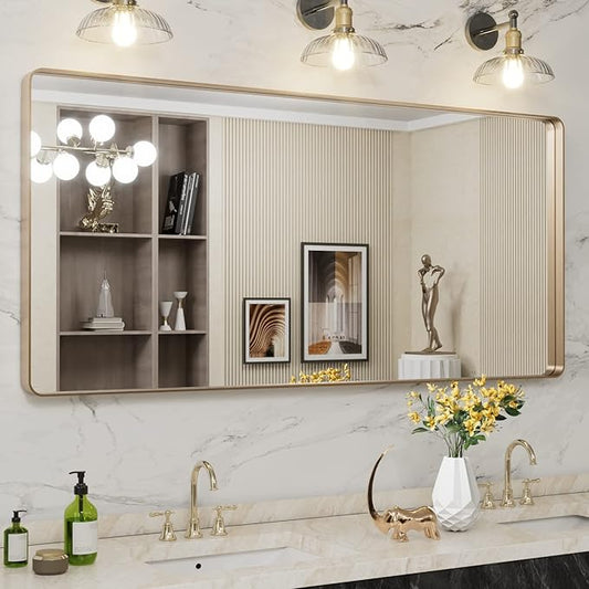 LOAAO 60”X28” Gold Bathroom Mirror, Rounded Rectangle Gold Frame Mirror