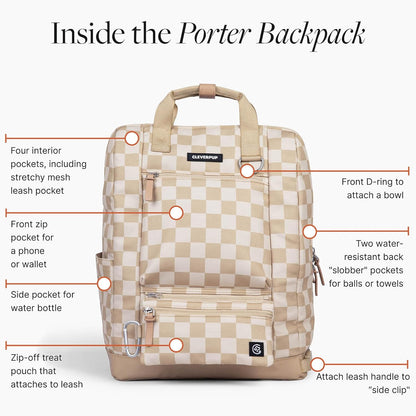 Porter 2-in-1 Dog Gear Backpack – Premium Dog Travel Bag with 10 Pockets, Zip-Off Treat Pouch, Leash Clip, Waterproof Pockets & Water Bottle Holder – Weekend, Hiking, Camping, Checkerboard