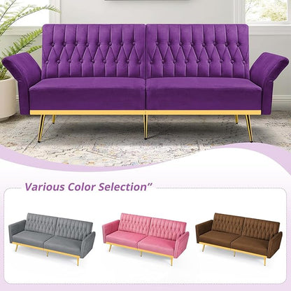 70” Velvet Futon Sofa Bed with 2 Pillows and Adjustable Armrests, Convertible Sleeper Bed W/Adjustable Backrests, Modern Loveseat for Living Room, Bedroom, Purpel