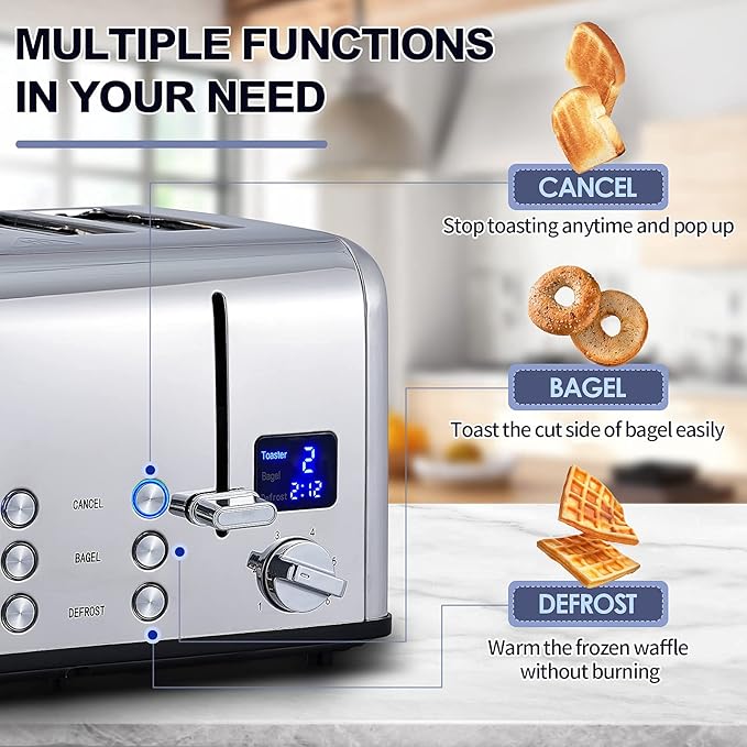 CUSIMAX 4 Slice Toaster, Ultra-Clear LED Display & Extra Wide Slots, Dual