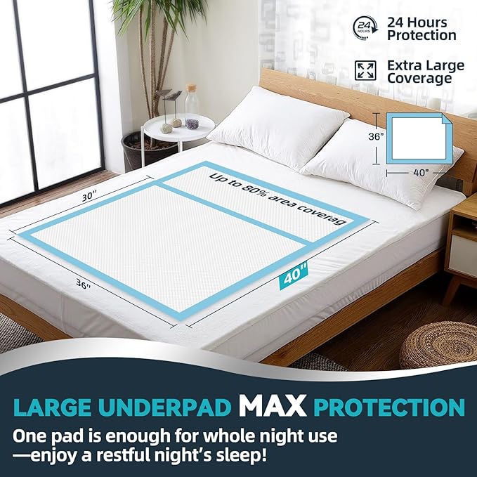 AAY Extra Large 40"x36" Disposable Underpads for Incontinence, 100 Count | Super Absorbent, Leak-Proof, Bed Pads for Adults, Elderly, Kids, Pee Pads, Chucks Pads, Furniture & Surface Protection Pad