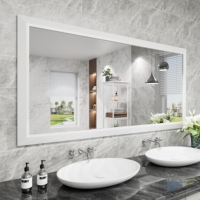 Amorho Bathroom Mirror, 60 X30 Inch White Thick Metal Framed Wall Mirrors
