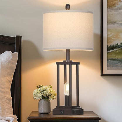 27" Tall Farmhouse Table Lamps Set of 2, Brown Industrial End Table Lamp for Living Room with Night Light, Rustic Bedside Lamps with USB C+A Ports & AC Outlet, Vintage Bedroom Lamp for Nightstand